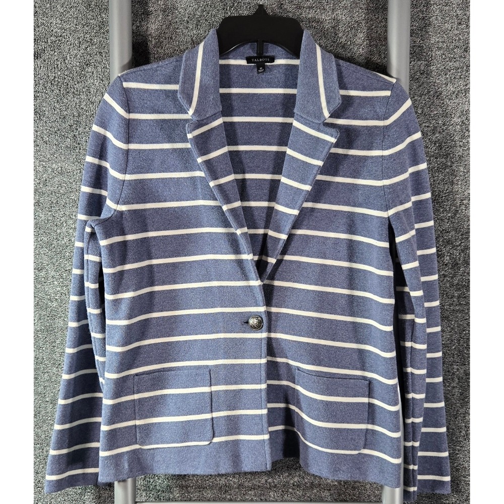 Talbots Womens Blue White Striped Knit Blazer Single Button Jacket Size M